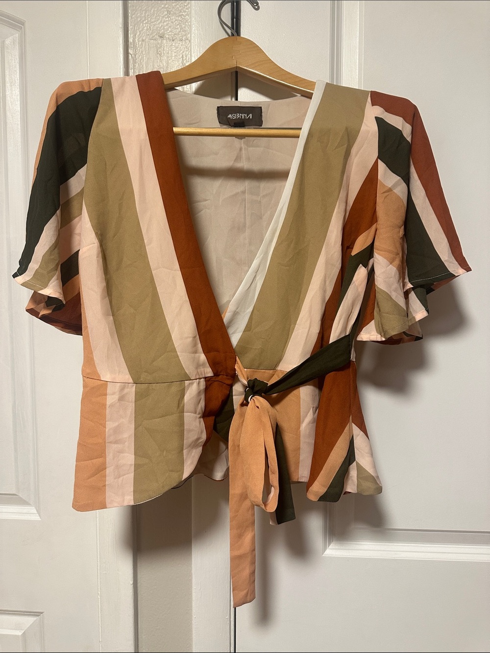 Astr Striped Tie-Front Blouse in Rust, Olive, Blush, Cream